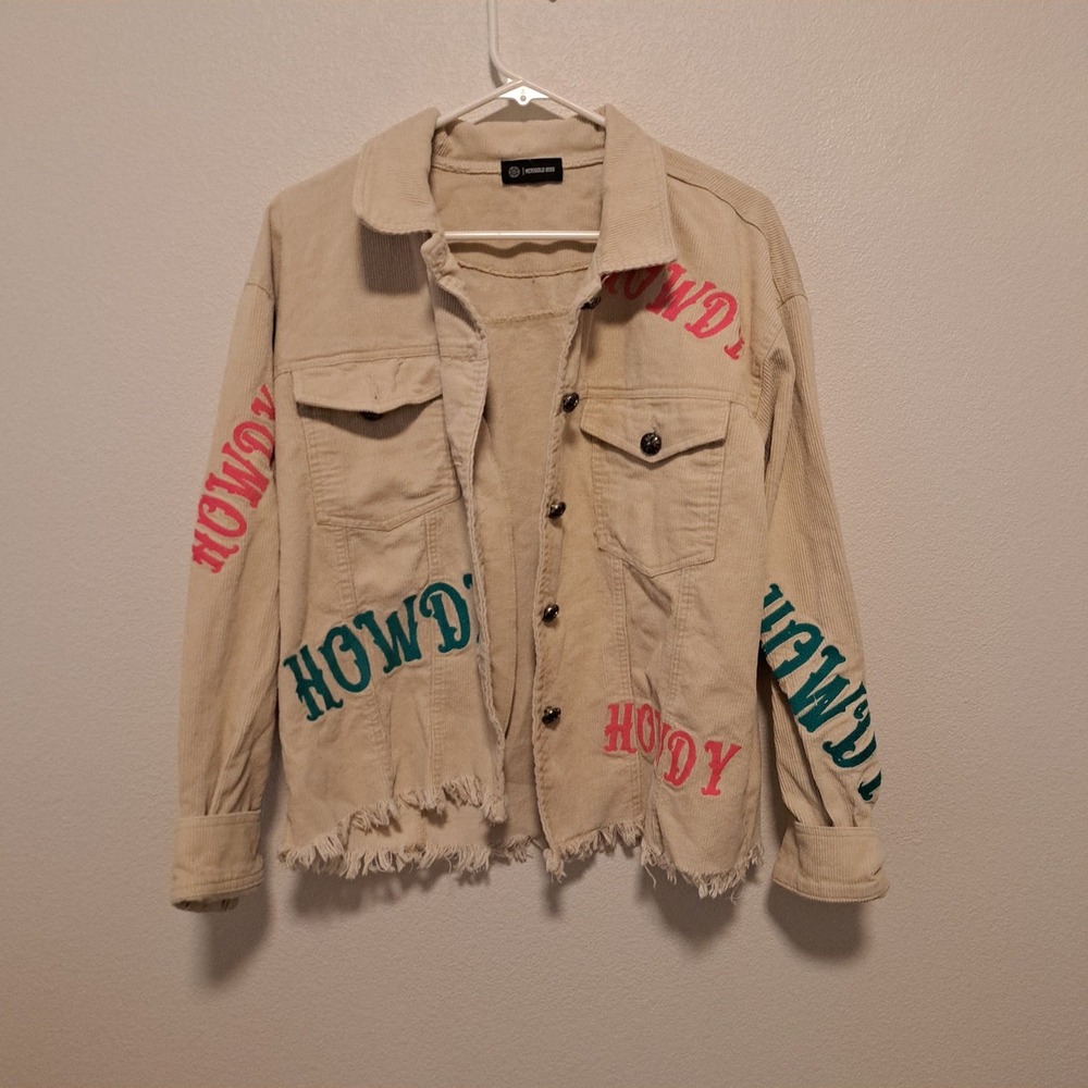 Merigold Kiss Womens Tan Corduroy Howdy Embroidered Frayed Hem Jacket Western